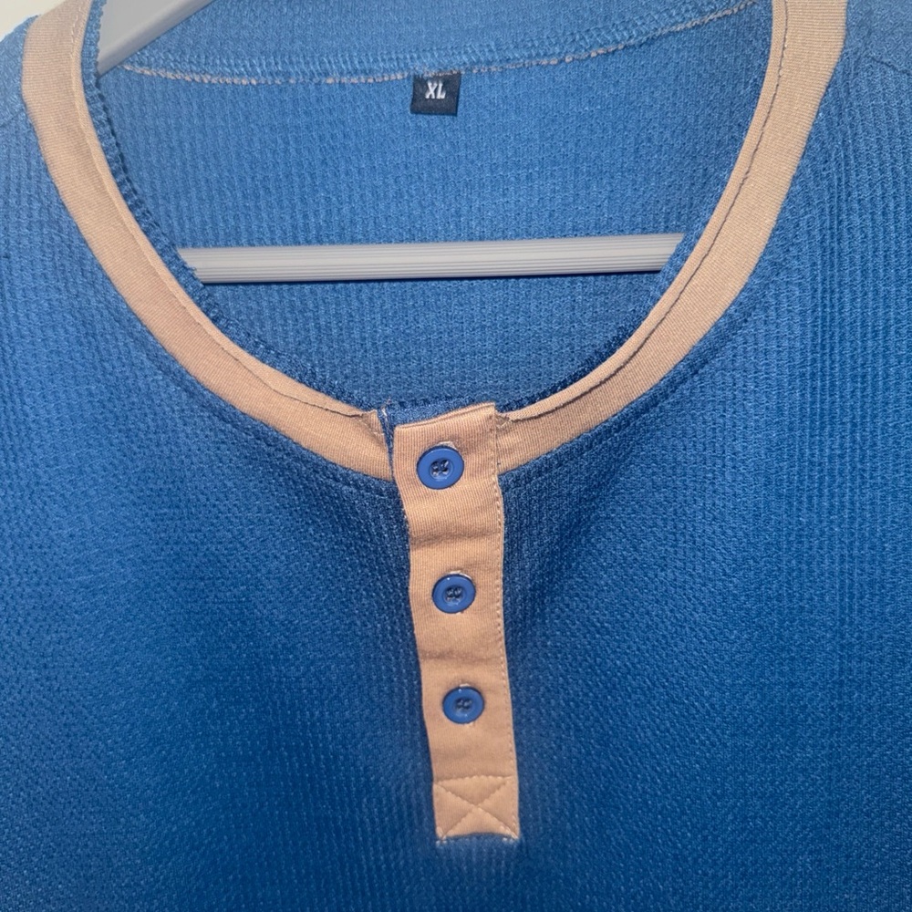 Men's Blue and Tan Henley Shirt - Picture 2 of 7